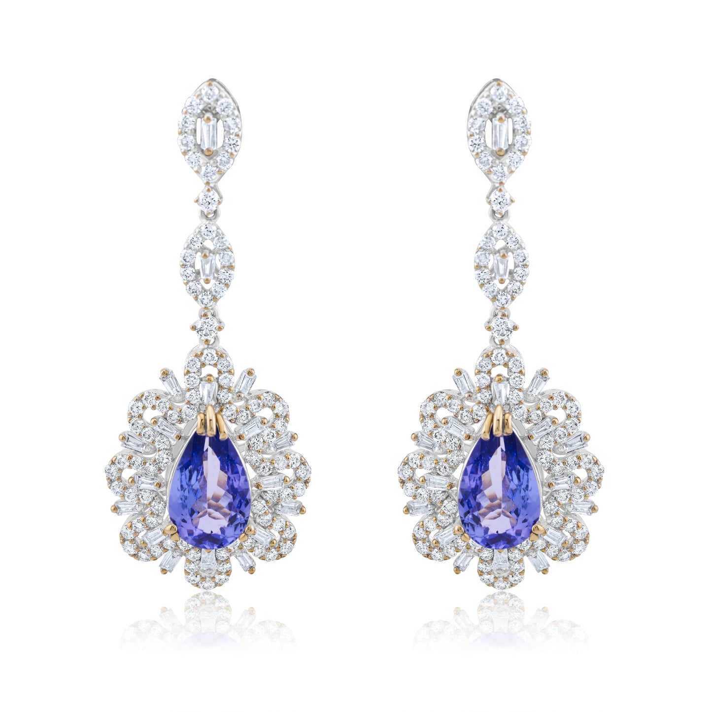 18K White Gold Diamond & Tanzanite Halo Dangling Earrings ~ 7 Ct