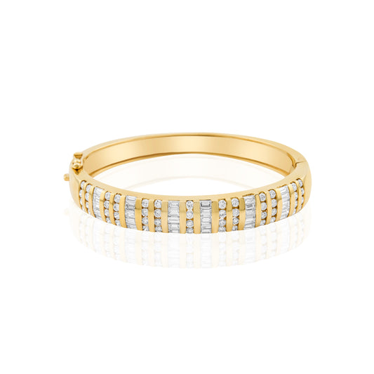 14K Yellow Gold Round & Baguette Cut Diamond Bangle ~ 5 Ct