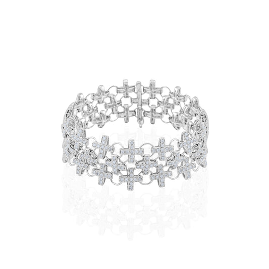 14K White Gold Diamond Crosses-Design Wide Bracelet ~ 4 Ct