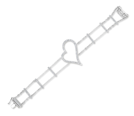 14K White Gold Diamond Heart Chain Bracelet ~ 1.25 Ct