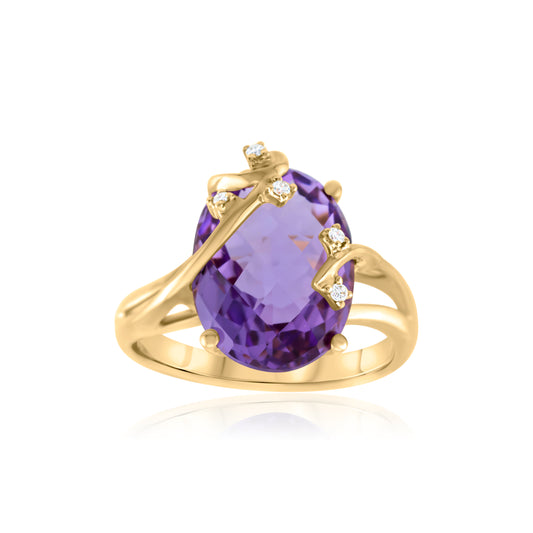 14K Yellow Gold Amethyst & Diamond Fashion Ring 6.14 Ct