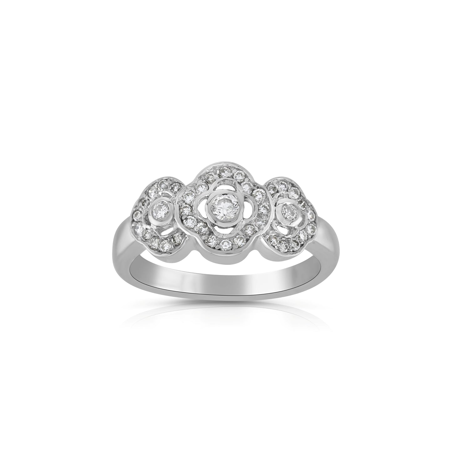 14K White Gold Diamond Floral Three-Stone Ring ¼ Ct