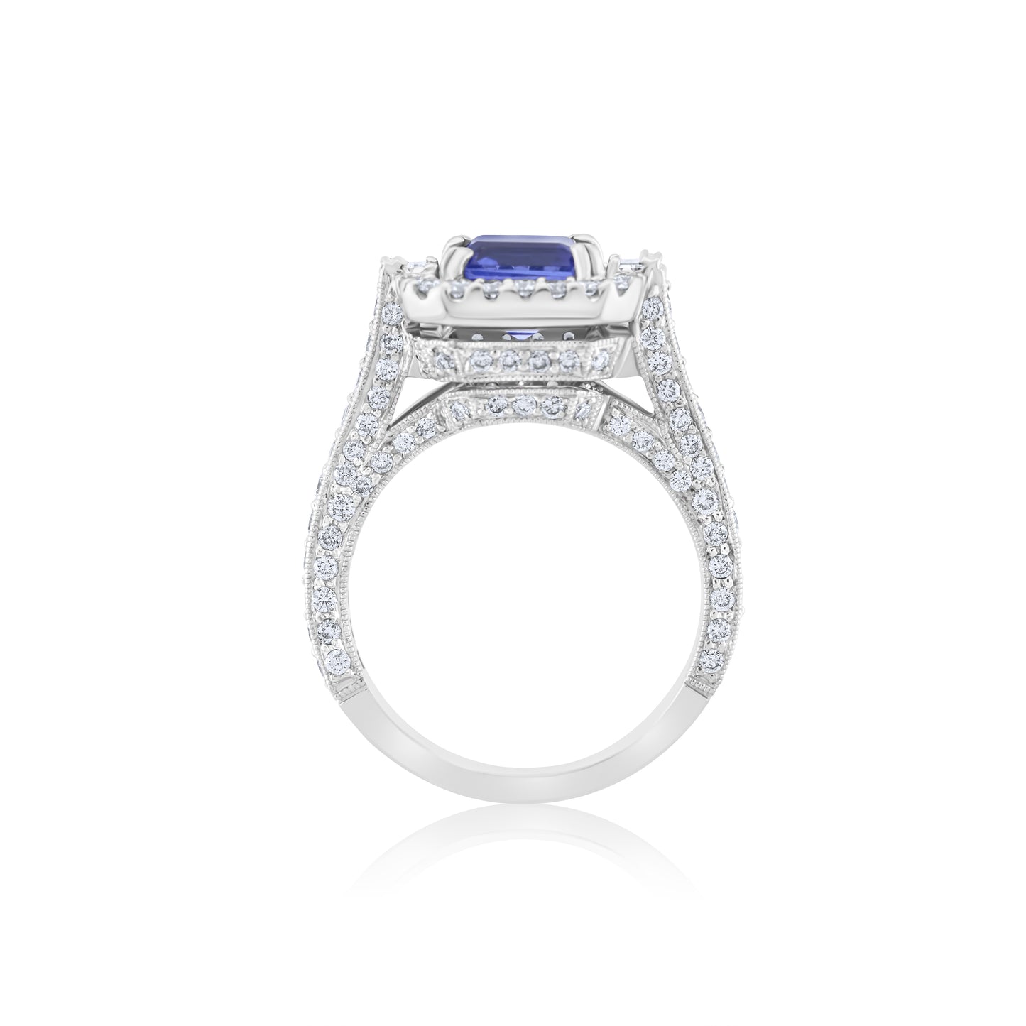 14K White Gold Diamond & Tanzanite Three-Stone Halo Ring ~ 3 1/3 Ct