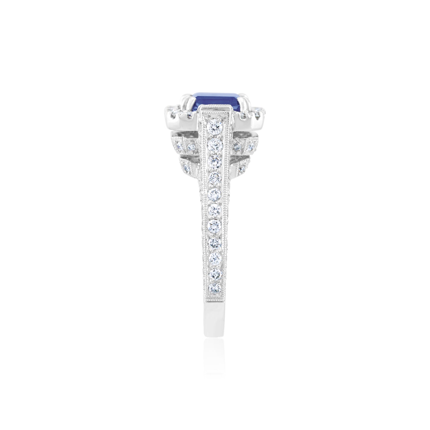 14K White Gold Diamond & Tanzanite Three-Stone Halo Ring ~ 3 1/3 Ct