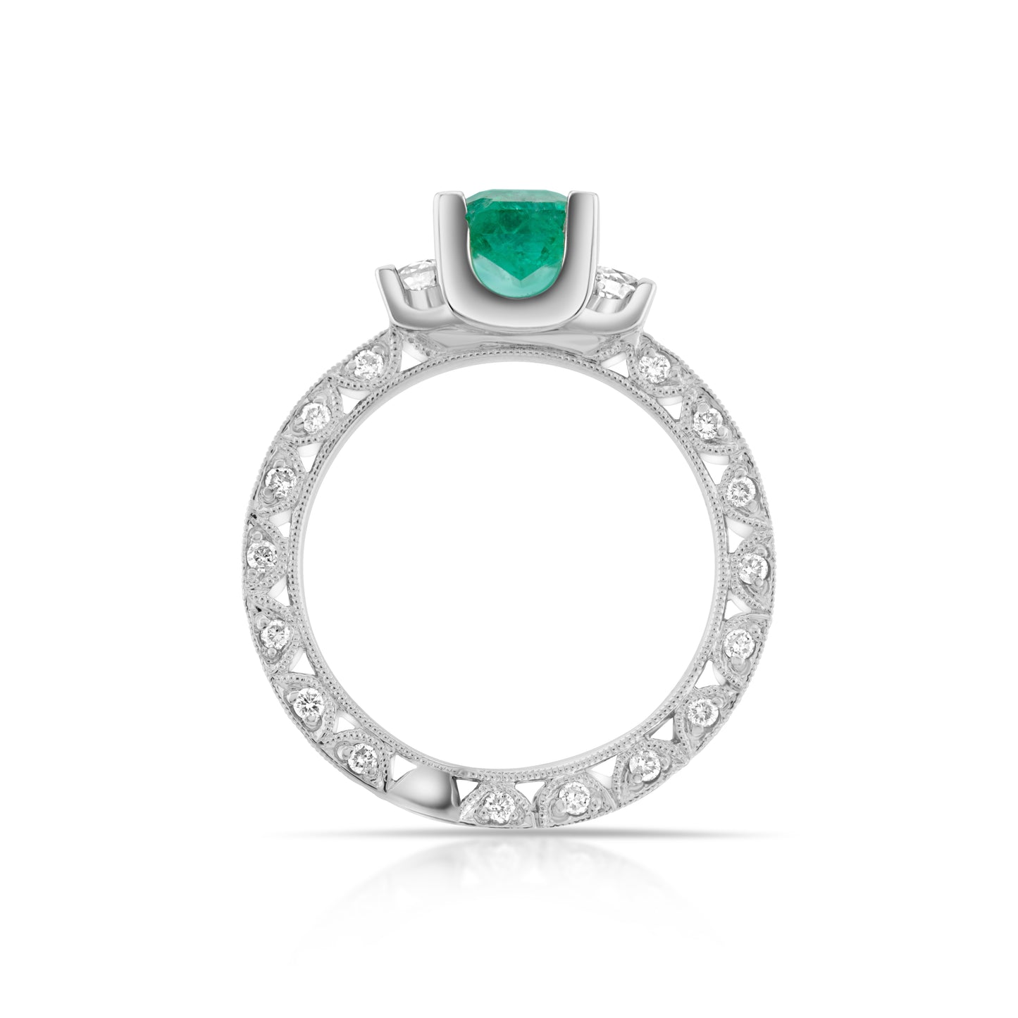18K White Gold Diamond & Emerald Three-Stone Ring 2 Ct