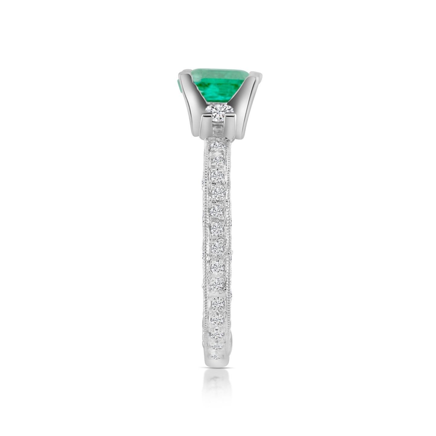 18K White Gold Diamond & Emerald Three-Stone Ring 2 Ct