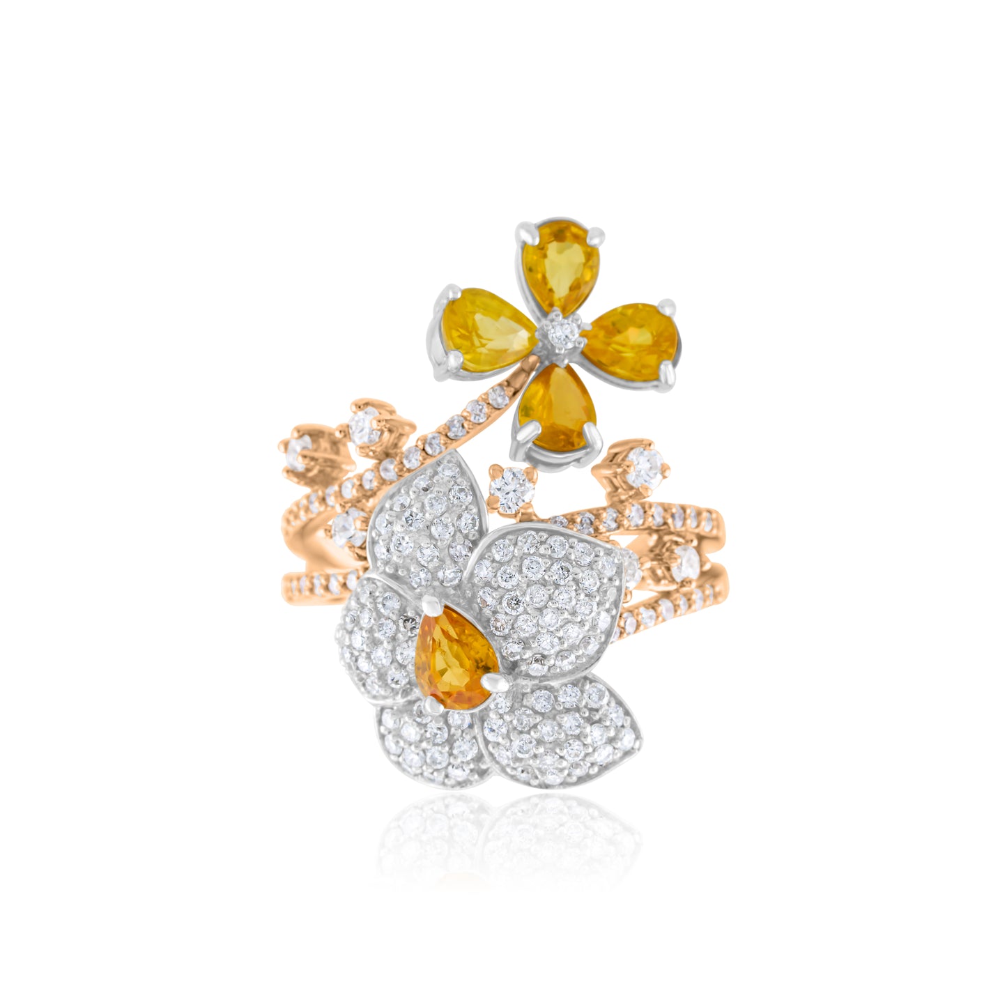 14K Rose Gold Diamond & Yellow Sapphires Floral Bypass Ring ~ 3 Ct