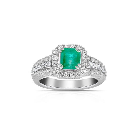 18K White Gold Diamond & Emerald Halo Cocktail Ring ~ 3 Ct