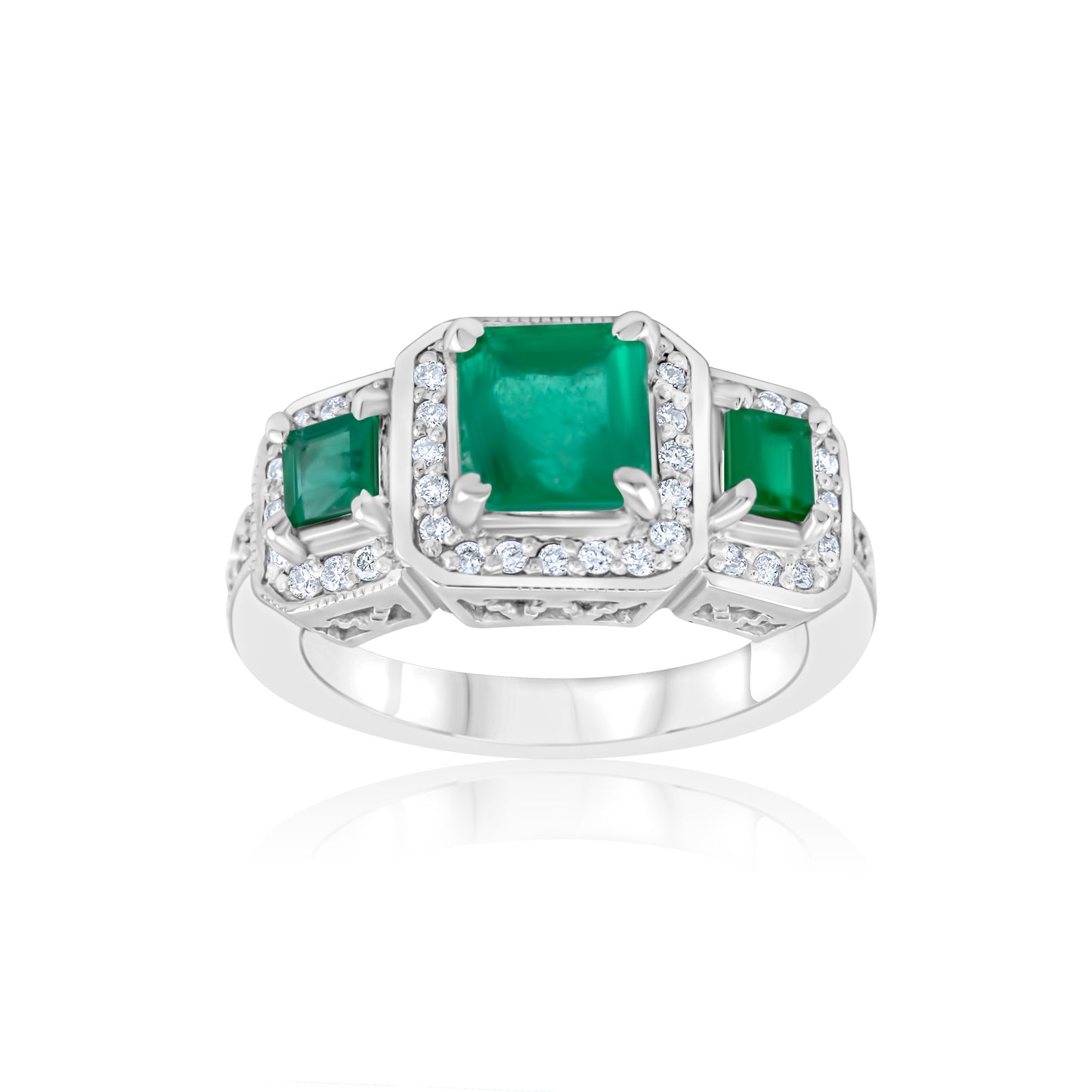 14K White Gold Diamond & Emerald Halo Three-Stone Ring 2 1/3 Ct