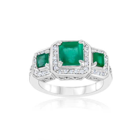 14K White Gold Diamond & Emerald Halo Three-Stone Ring 2 1/3 Ct