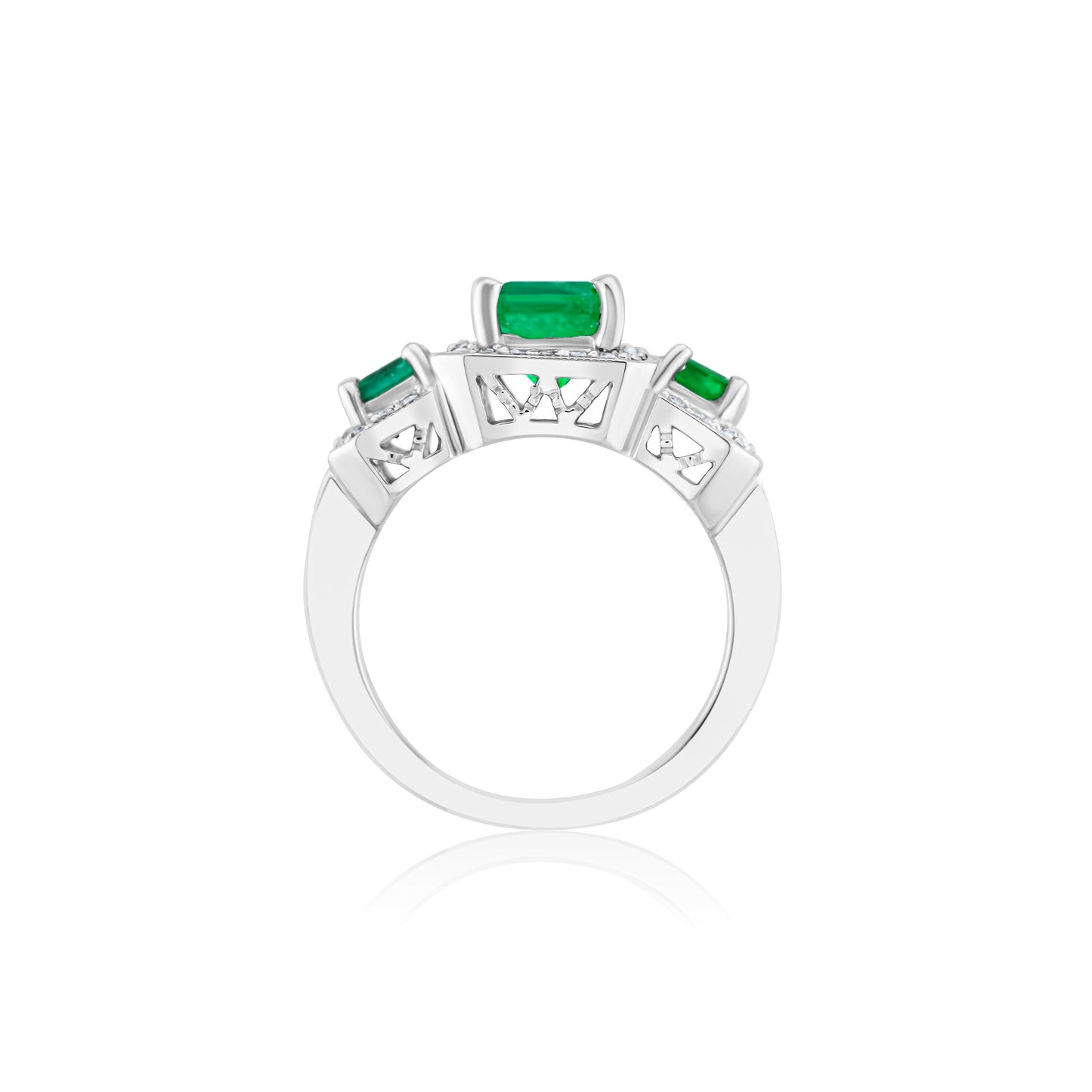 14K White Gold Diamond & Emerald Halo Three-Stone Ring 2 1/3 Ct