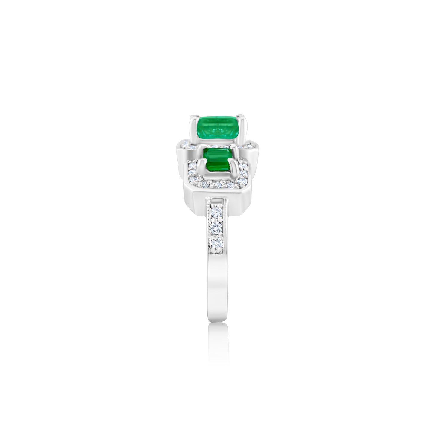 14K White Gold Diamond & Emerald Halo Three-Stone Ring 2 1/3 Ct