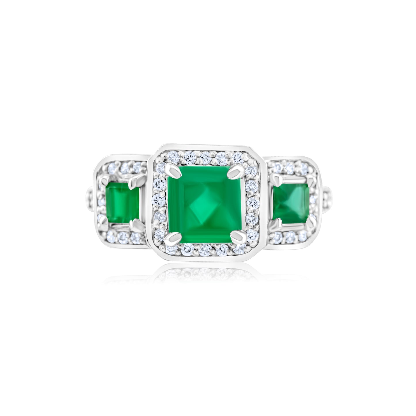 14K White Gold Diamond & Emerald Halo Three-Stone Ring 2 1/3 Ct