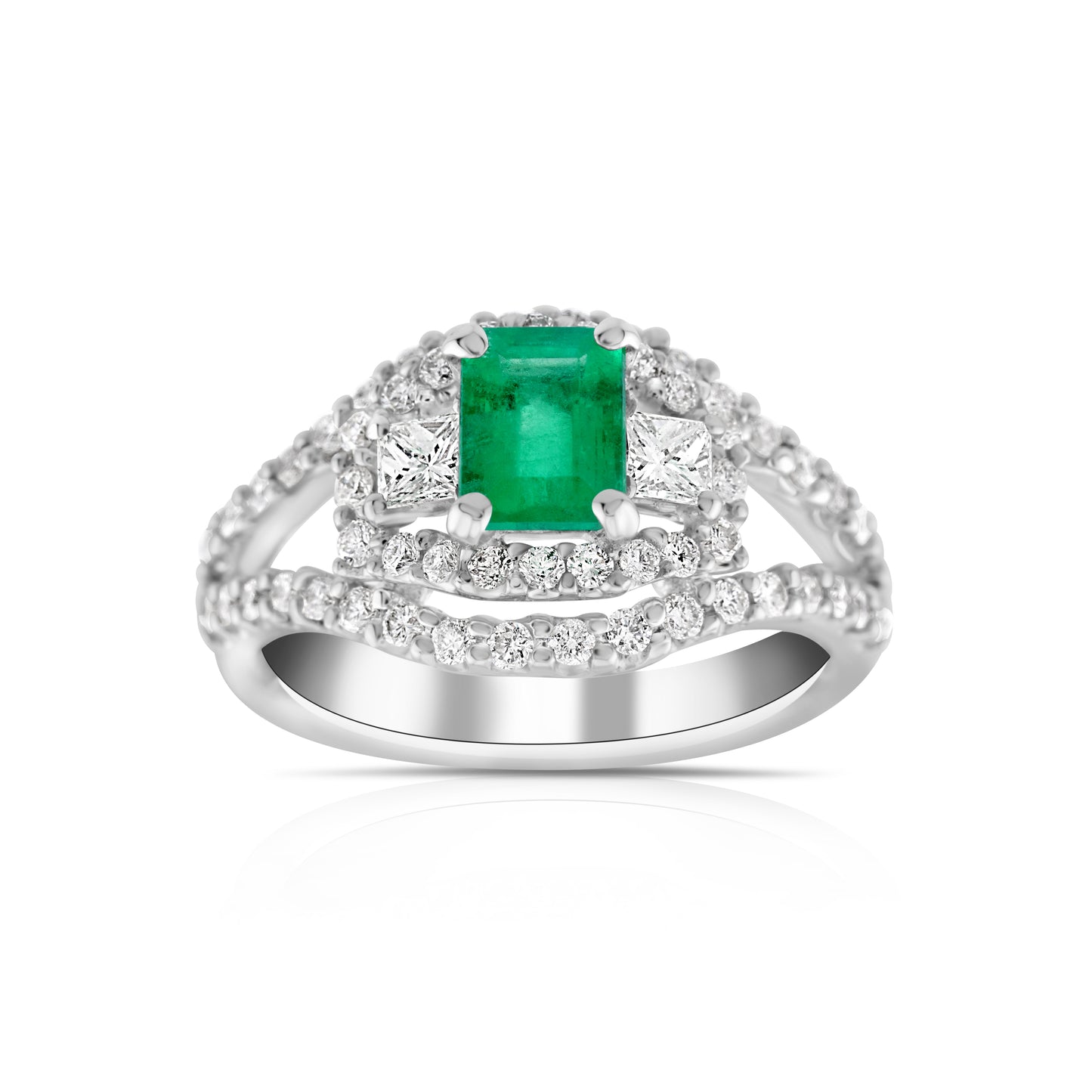 18K White Gold Diamond & Emerald Halo Right Hand Ring ~ 2 Ct
