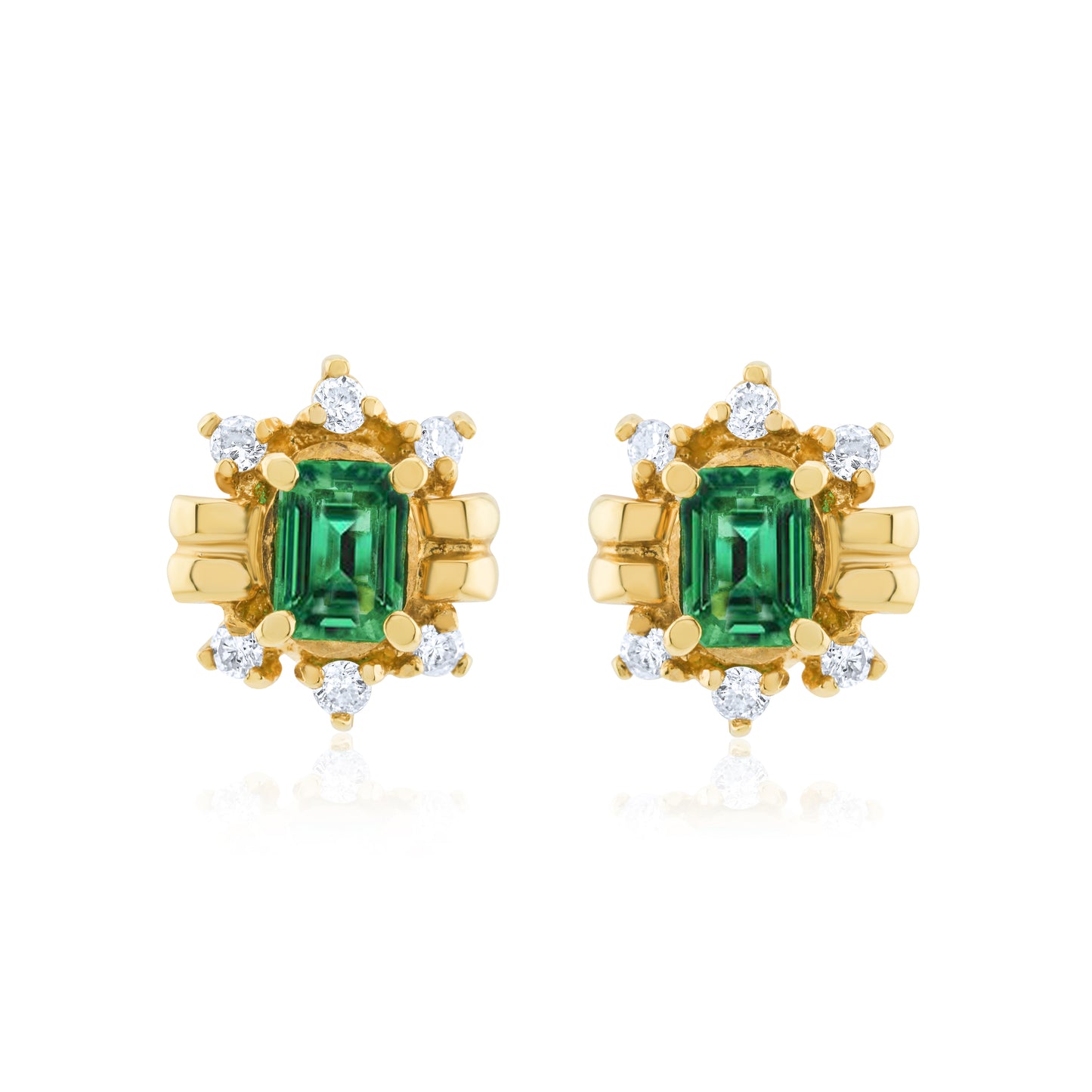 14K Yellow Gold Diamond & Emerald Stud Earrings 1 Ct