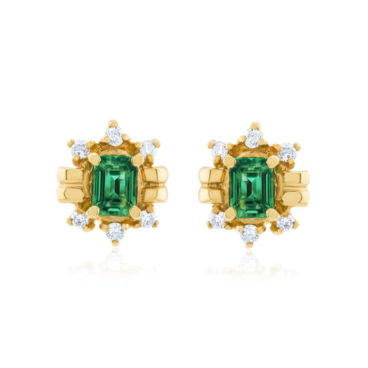 14K Yellow Gold Diamond & Emerald Stud Earrings 1 Ct