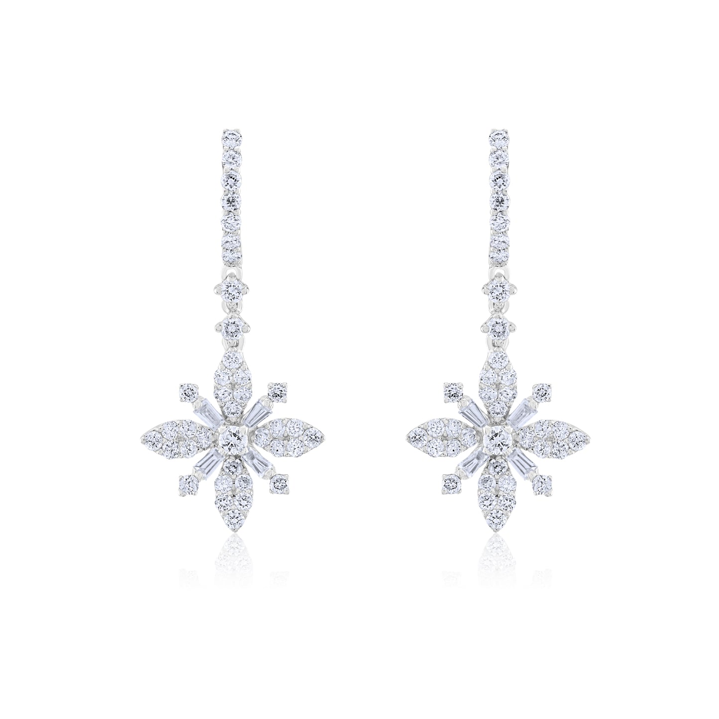 14K White Gold Diamond Floral Drop Earrings 1.52 Ct