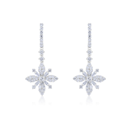 14K White Gold Diamond Floral Drop Earrings 1.52 Ct