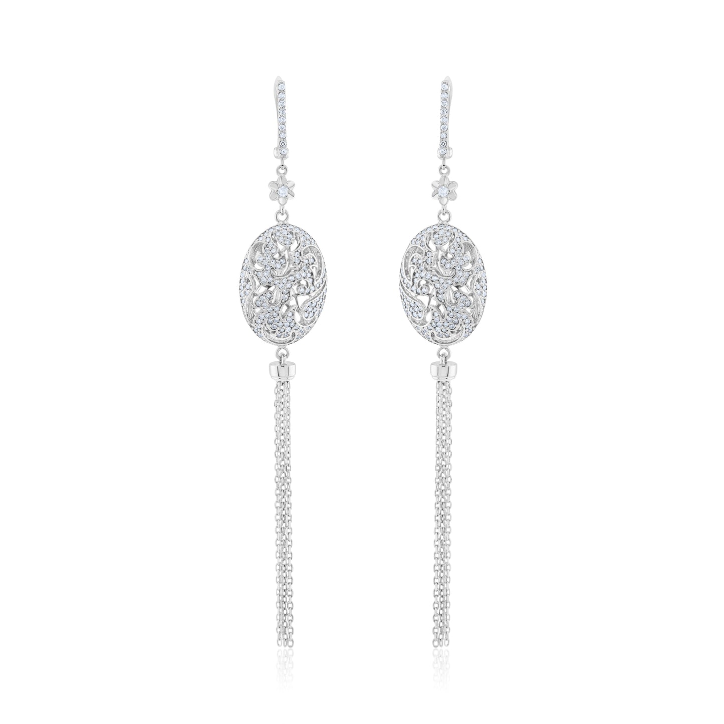 18K White Gold Diamond Chain Dangling Earrings 1 ½ Ct