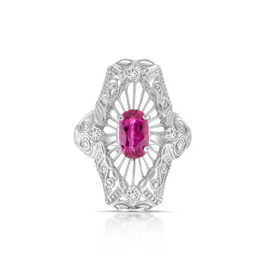 14K White Gold Diamond & Ruby Art Deco Cocktail Ring ~ 1 2/3 Ct