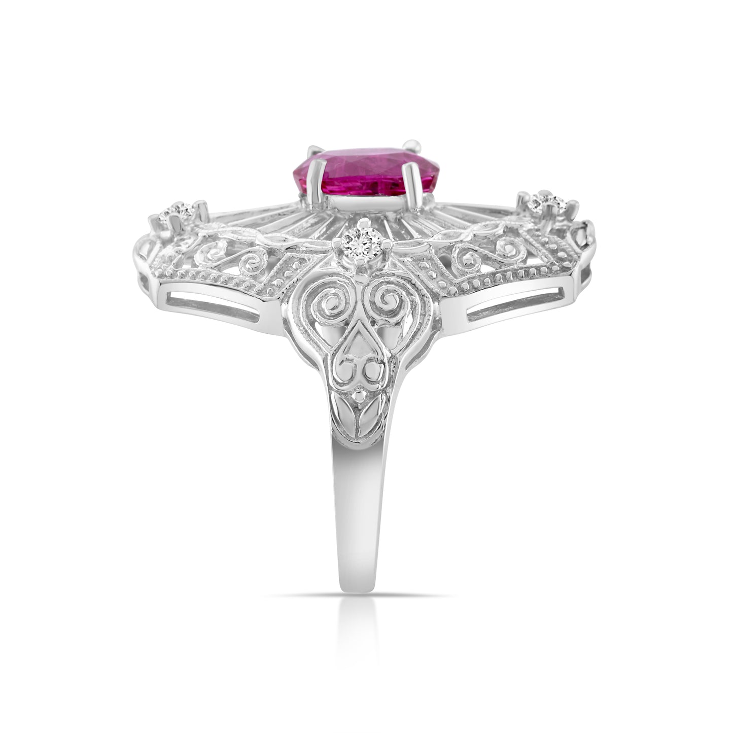 14K White Gold Diamond & Ruby Art Deco Cocktail Ring ~ 1 2/3 Ct