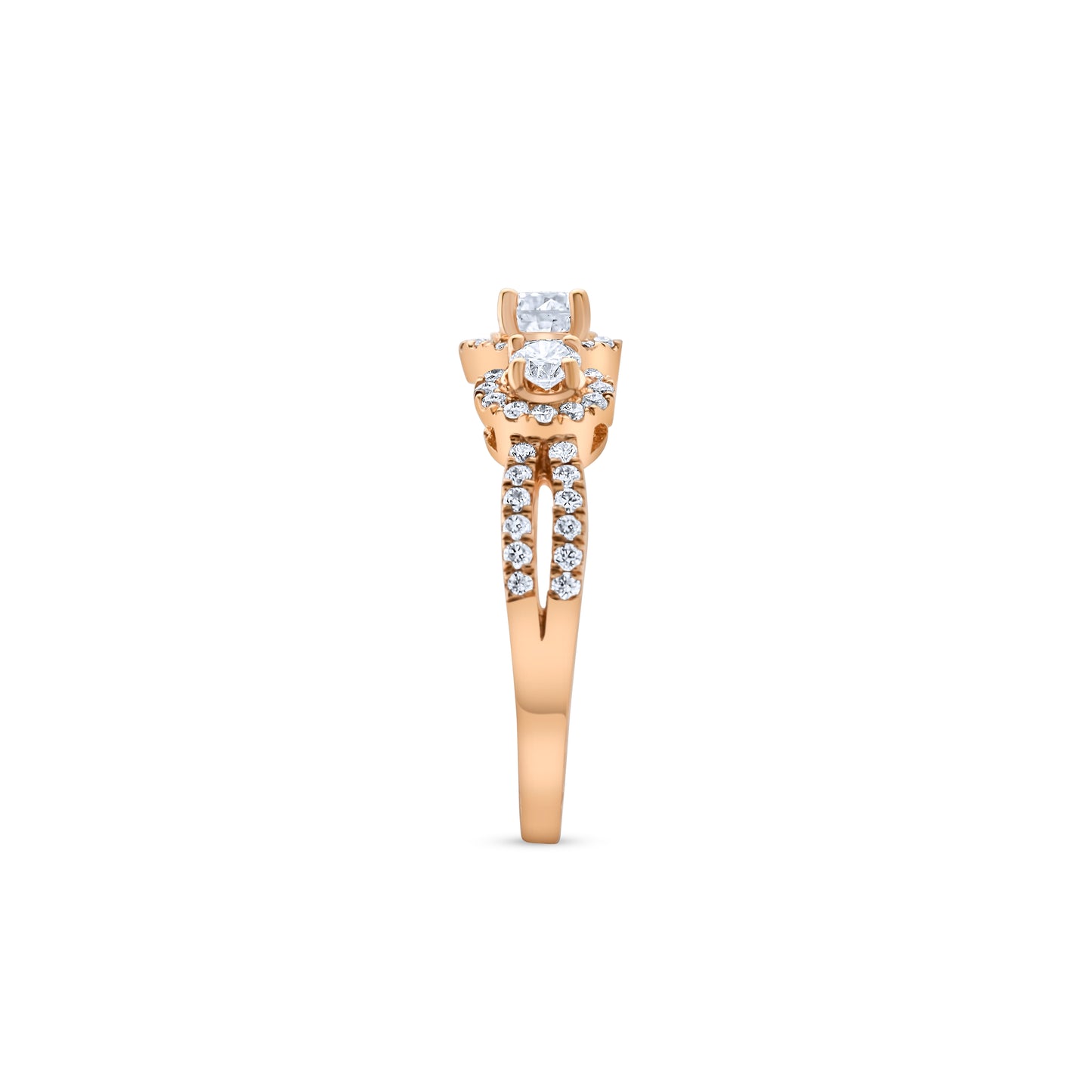 14K Rose Gold Diamond Halo Three-Stone Engagement Ring 1.15 Ct