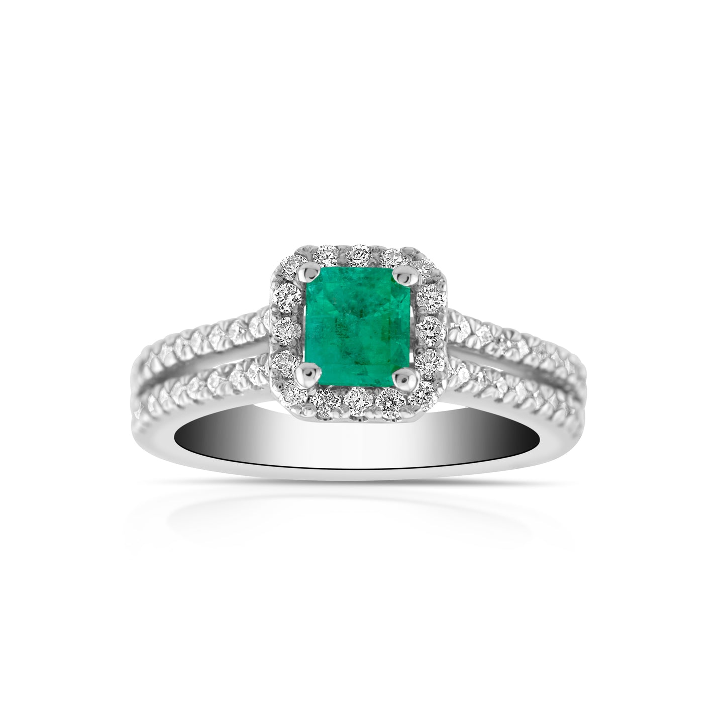 14K White Gold Diamond & Emerald Halo Ring ~ 1 Ct