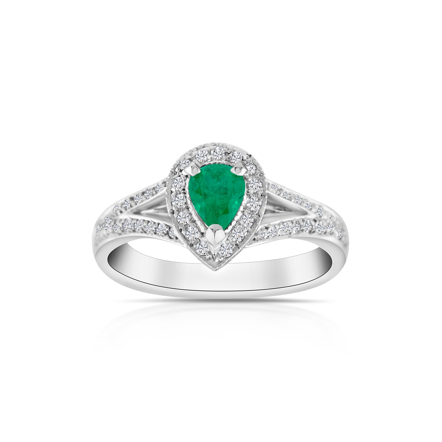 14K White Gold Diamond & Emerald Halo Ring ~ ¾ Ct