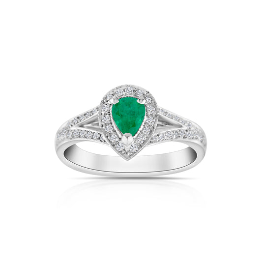 14K White Gold Diamond & Emerald Halo Ring ~ ¾ Ct