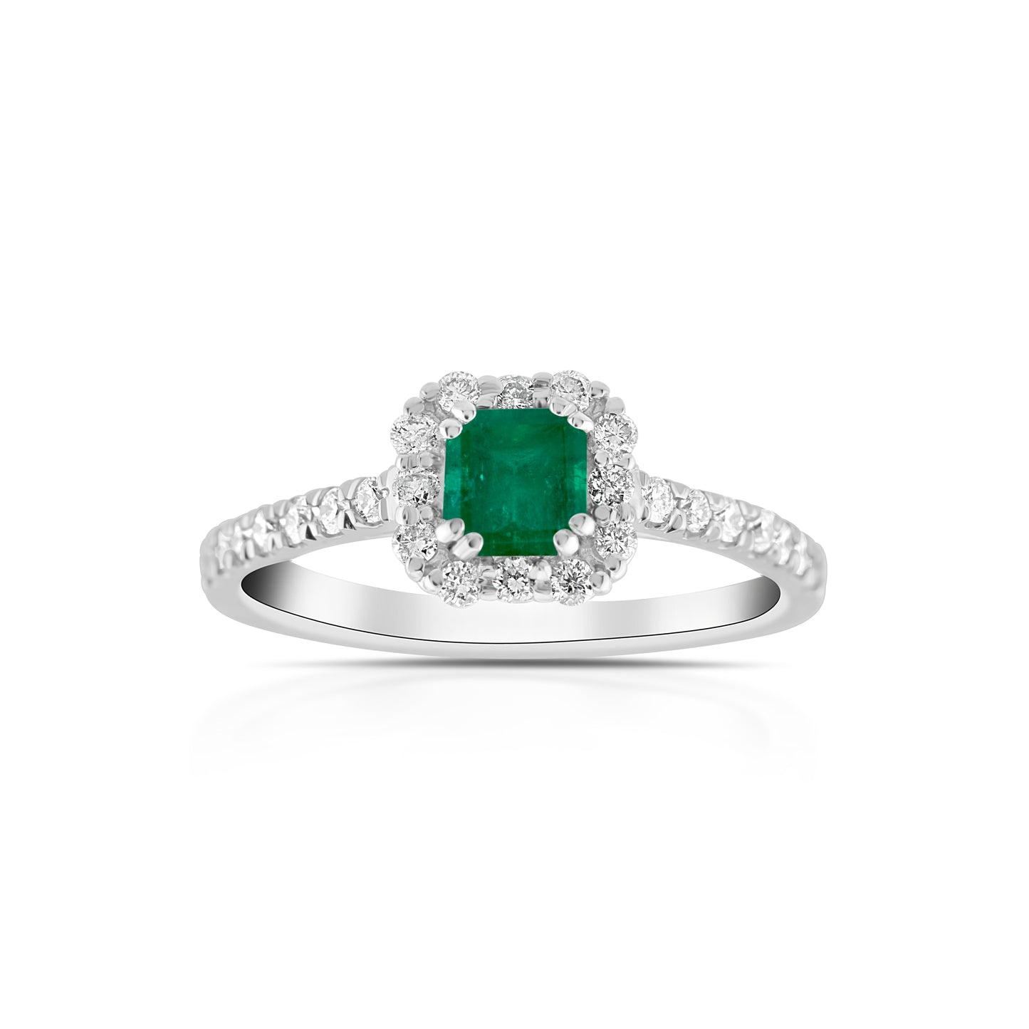 14K White Gold Diamond & Emerald Halo Ring ¾ Ct