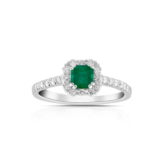 14K White Gold Diamond & Emerald Halo Ring ¾ Ct