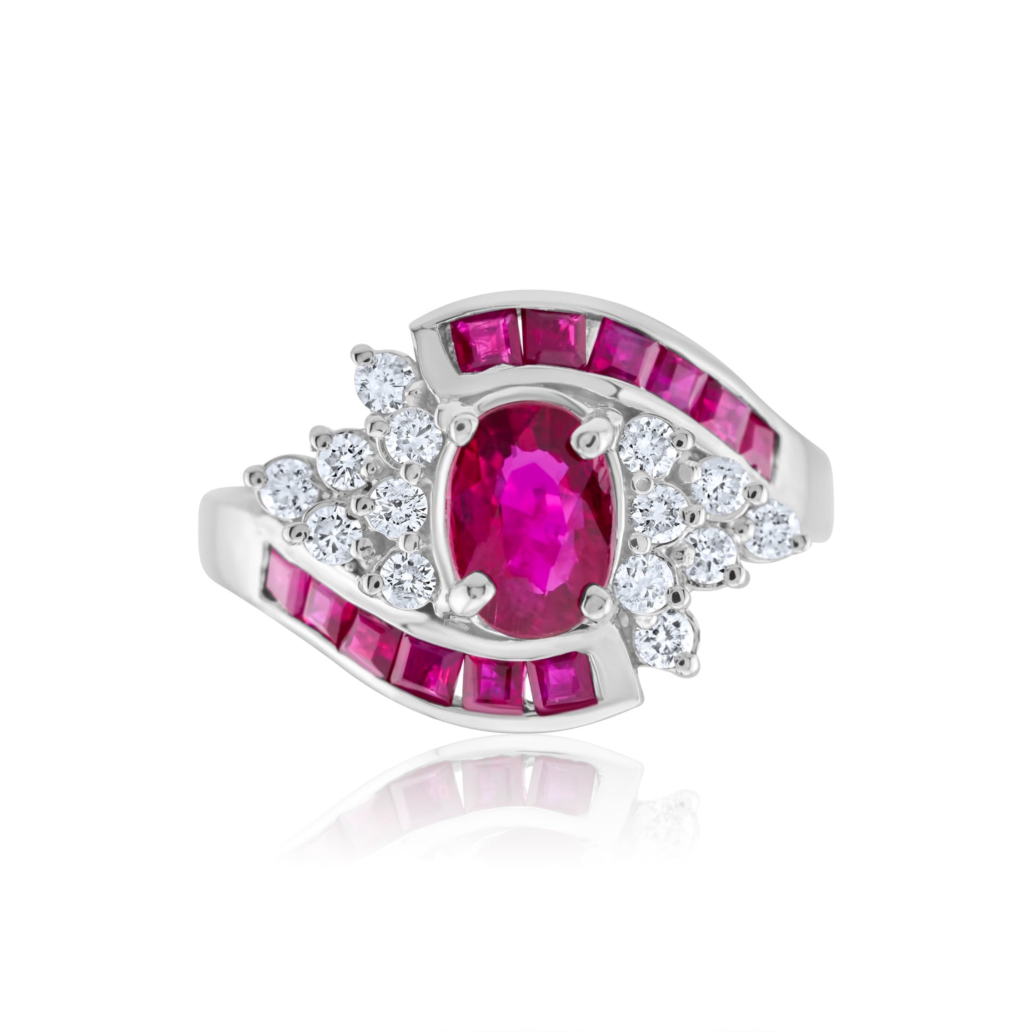 14K White Gold Diamond & Ruby Swirl Cluster Ring ~ 2 Ct