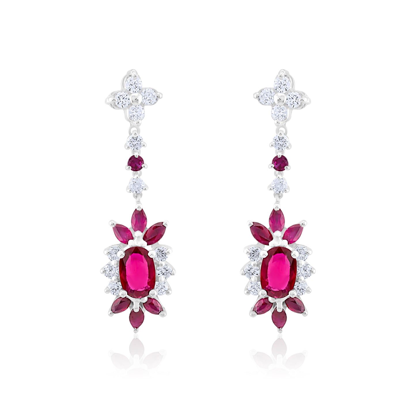 14K White Gold Diamond & Ruby Halo Dangling Earrings 4.05 Ct