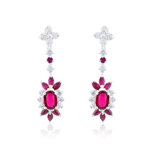 14K White Gold Diamond & Ruby Halo Dangling Earrings 4.05 Ct