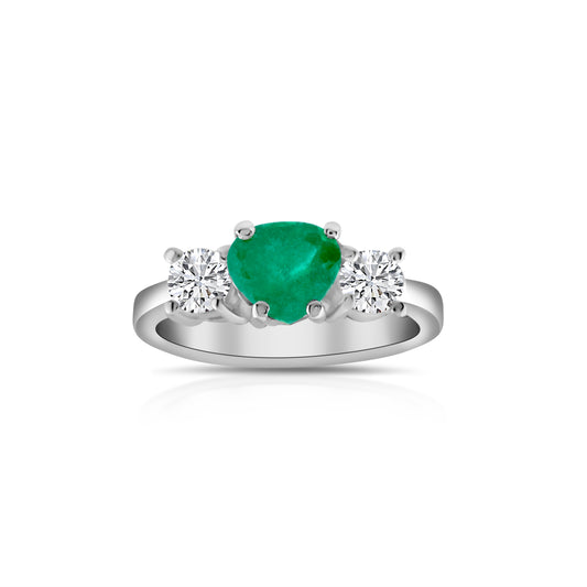 14K White Gold Diamond & Emerald Three-Stone Ring 1 ½ Ct