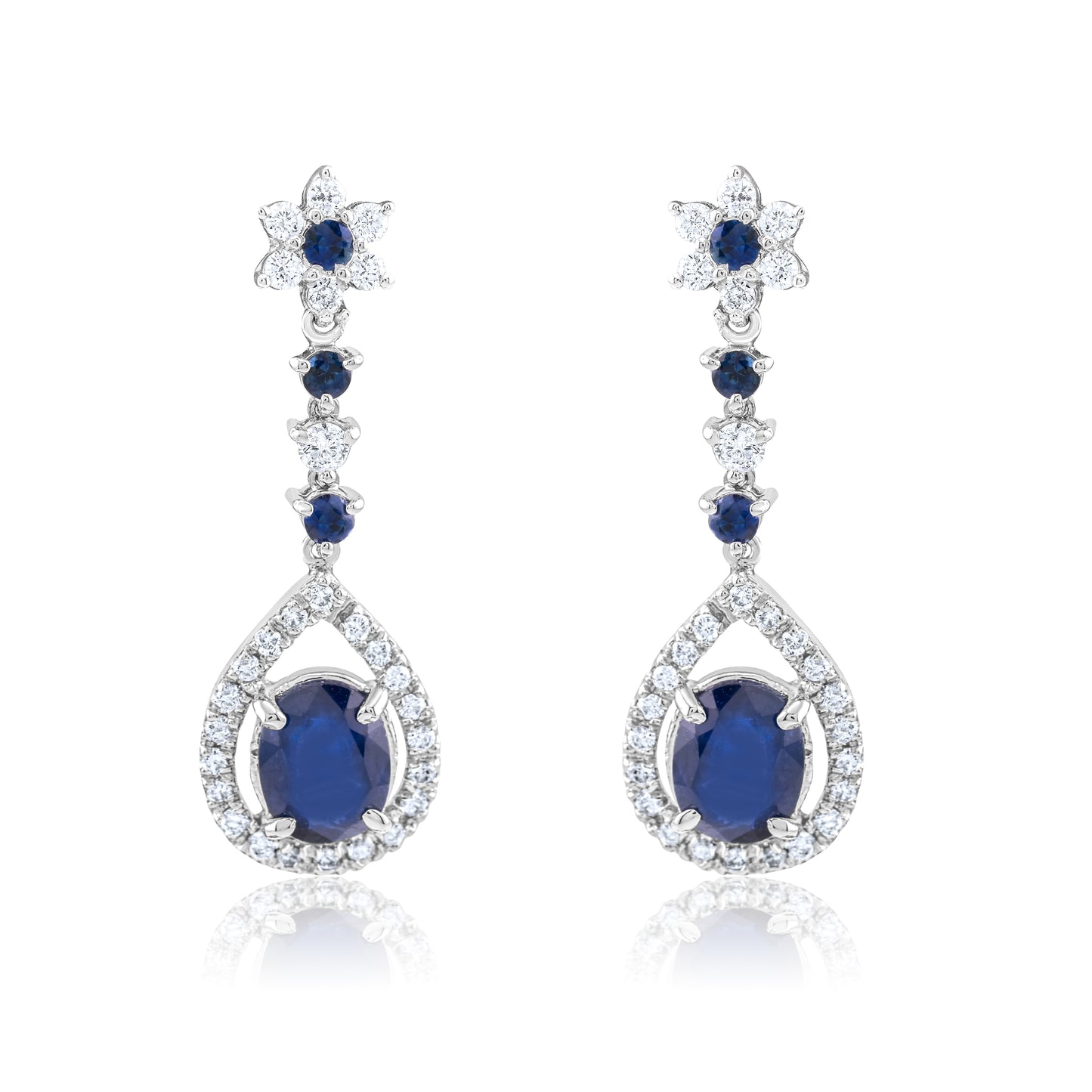 14K White Gold Diamond & Sapphire Halo Drop Earrings 6.65 Ct