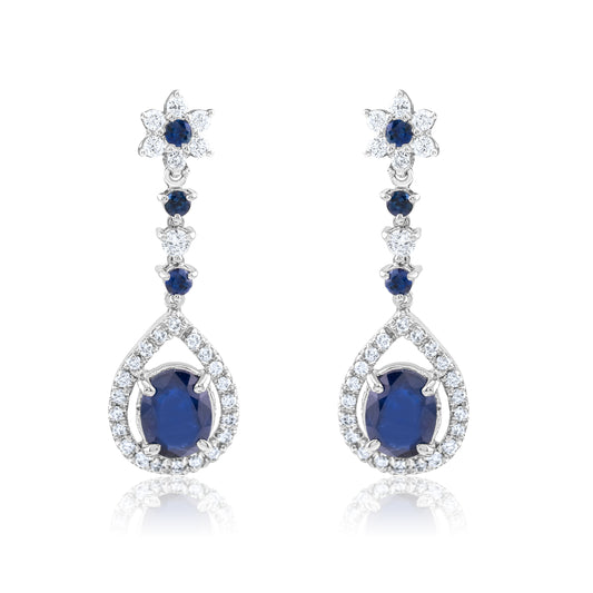 14K White Gold Diamond & Sapphire Halo Drop Earrings 6.65 Ct