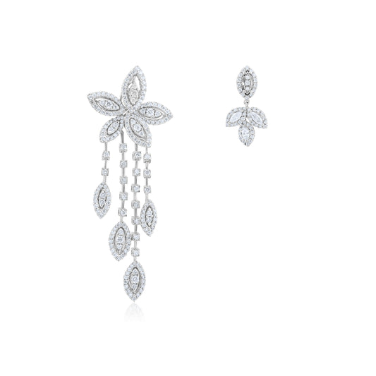 14K White Gold Diamond Chandelier & Drop Mismatched Earrings 3 ½ Ct