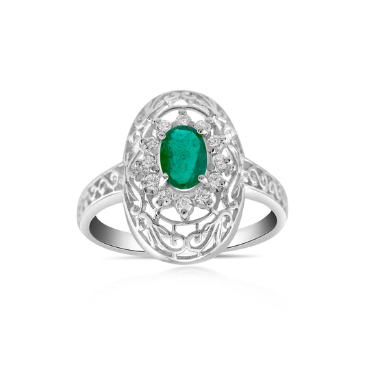 14K White Gold Diamond & Emerald Vintage-Style Filigree Ring ½ Ct
