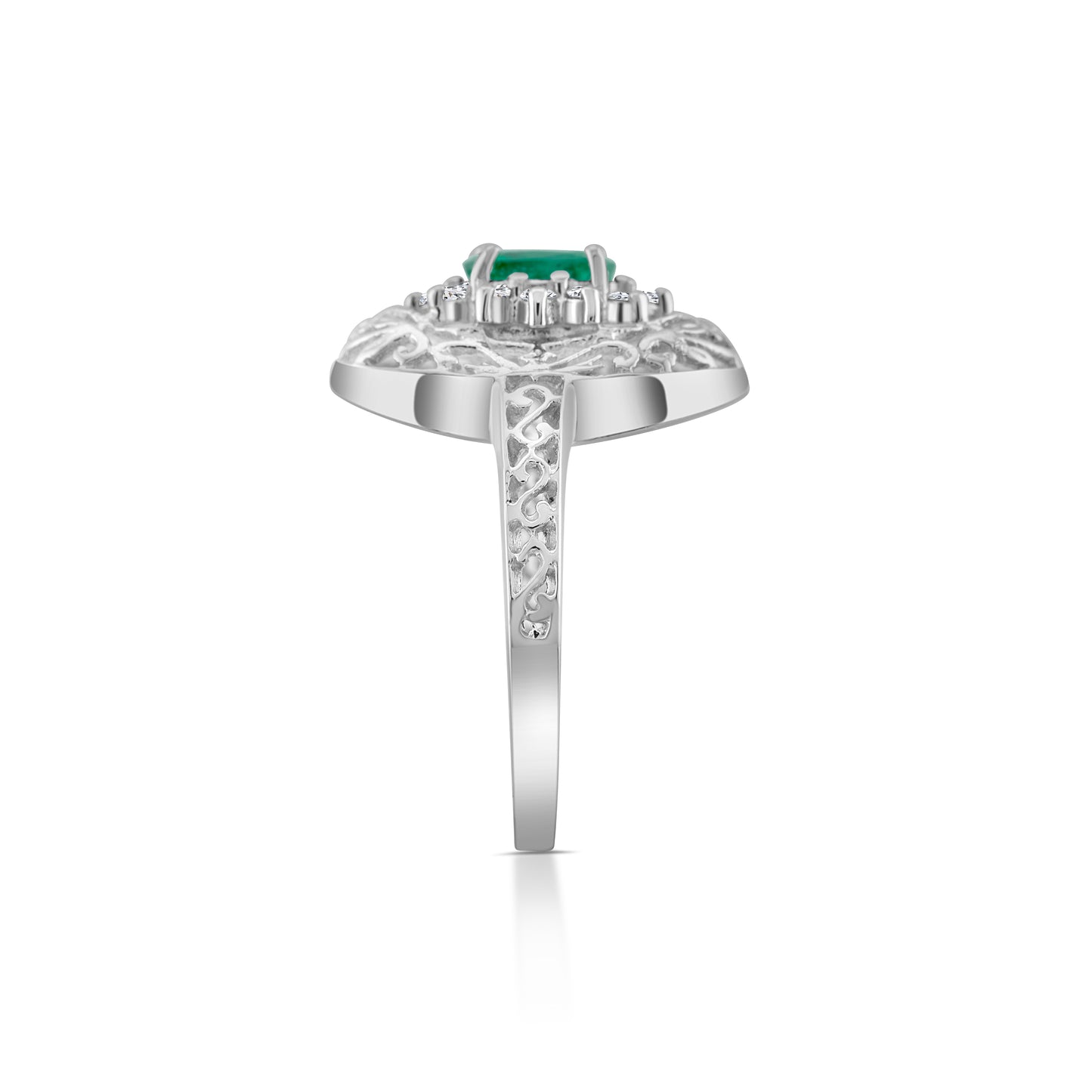 14K White Gold Diamond & Emerald Vintage-Style Filigree Ring ½ Ct