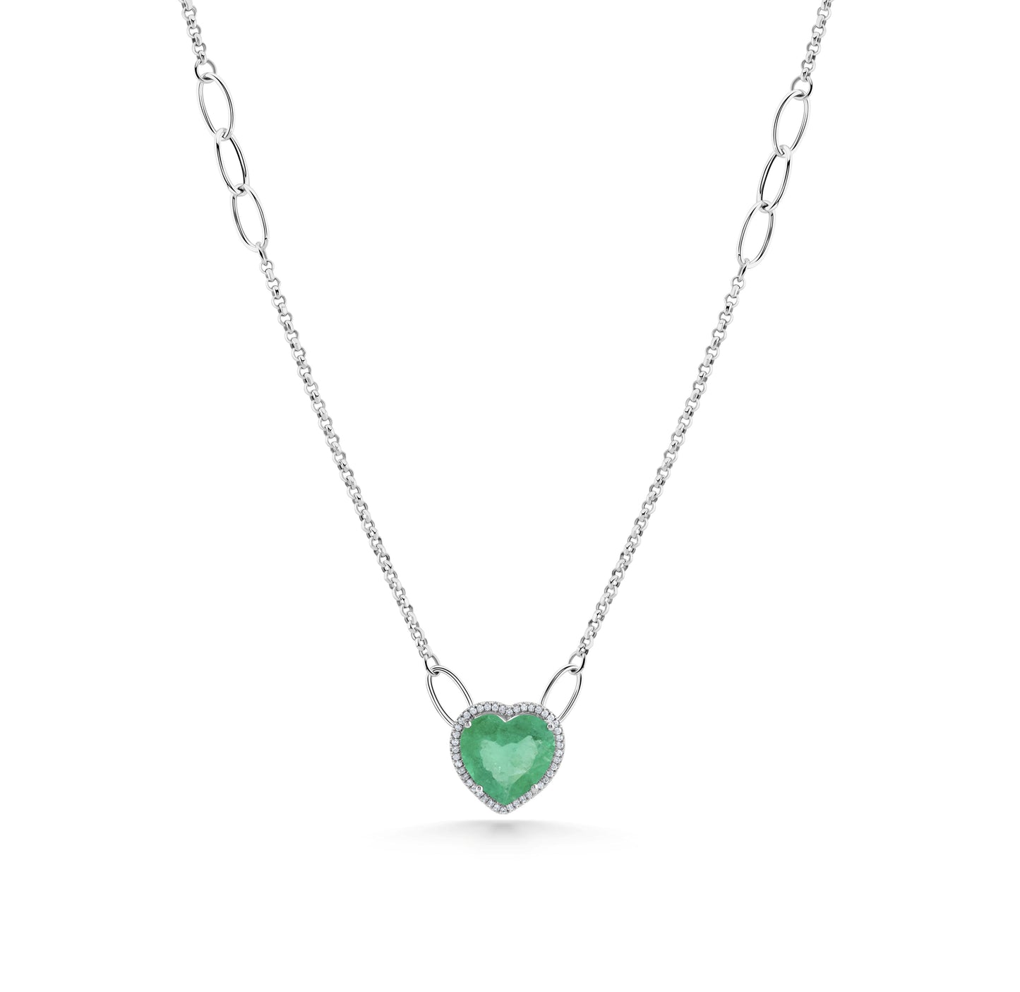 14K White Gold Heart Shaped Emerald & Diamond Necklace 11.10 Ct
