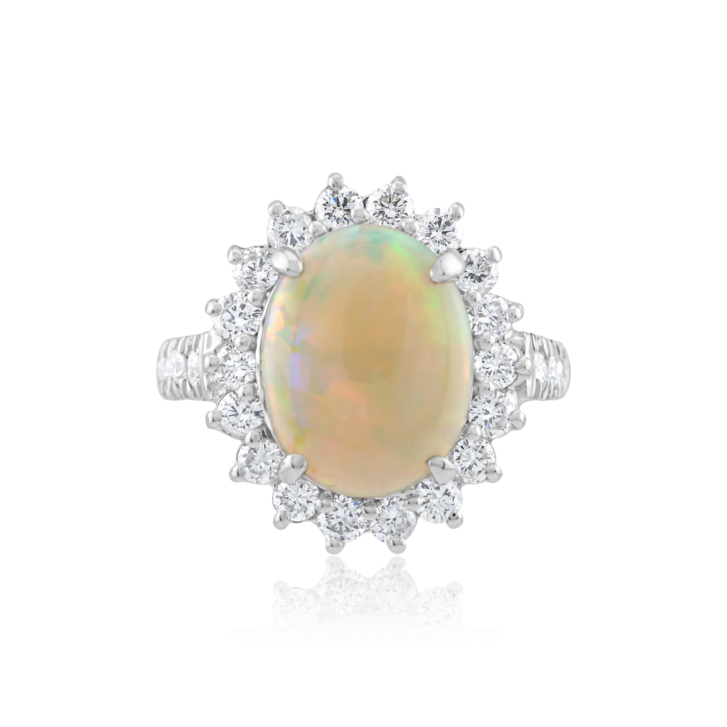 14K White Gold Diamond Halo Fiery Opal Cocktail Ring ~ 4 Ct