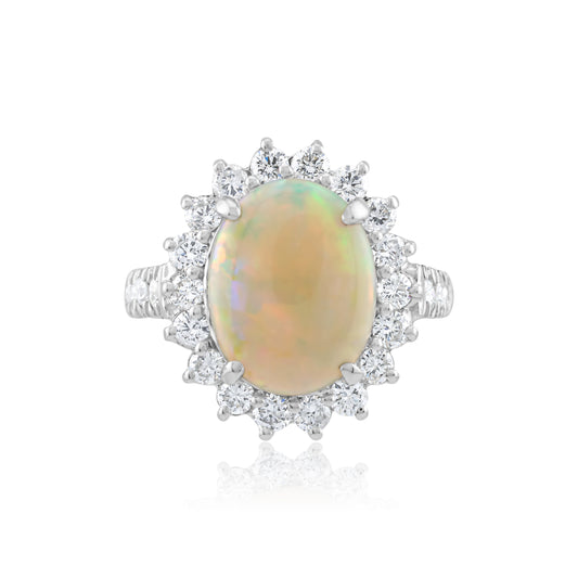 14K White Gold Diamond Halo Fiery Opal Cocktail Ring ~ 4 Ct