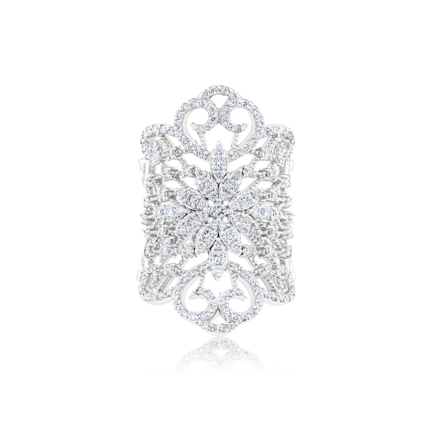 14K White Gold Diamond Filigree Fashion Ring 1.60 Ct