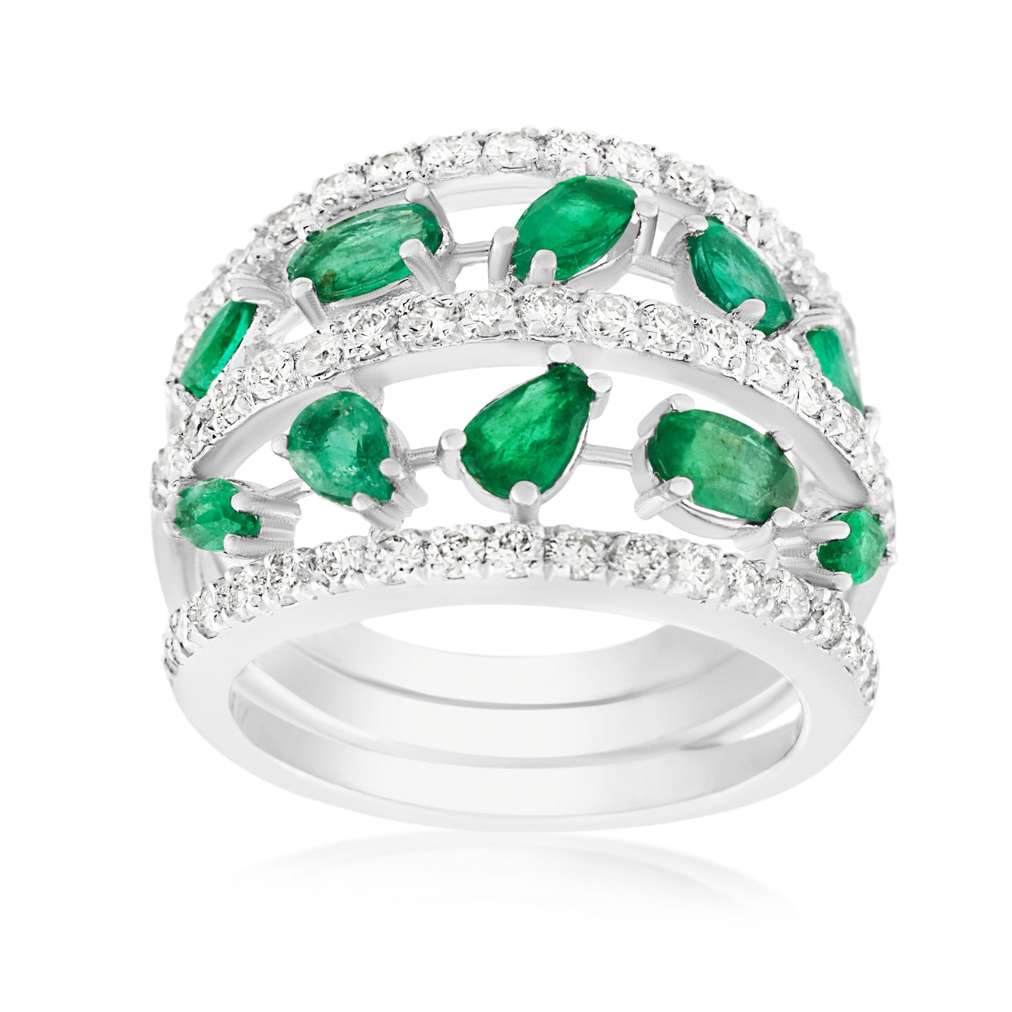 14K White Gold Emerald & Diamond Cocktail Ring ~ 2.50 Ct