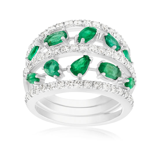 14K White Gold Emerald & Diamond Cocktail Ring ~ 2.50 Ct