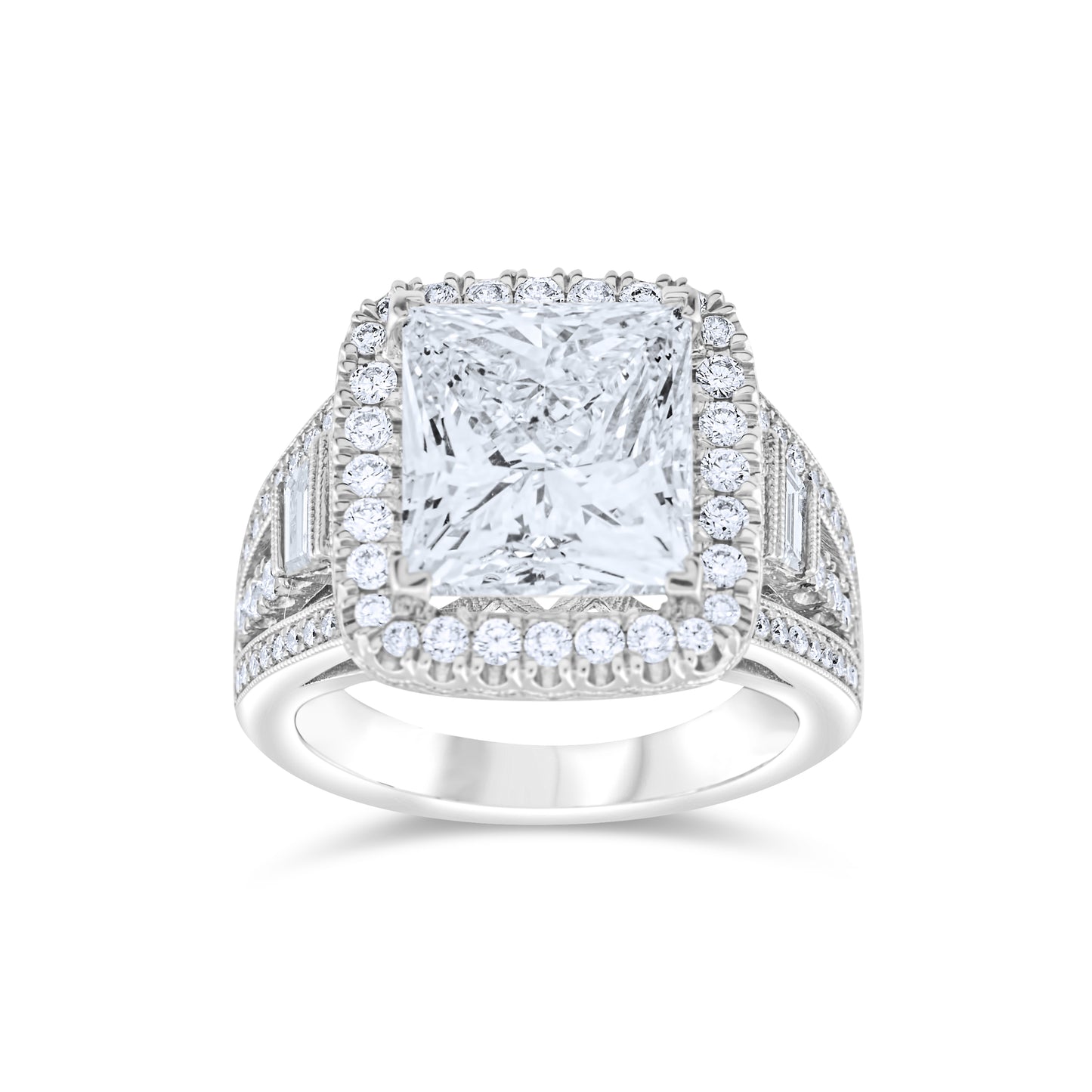 14K White Gold Diamond Halo Princess Cut Statement Ring ~ 7.50 Ct