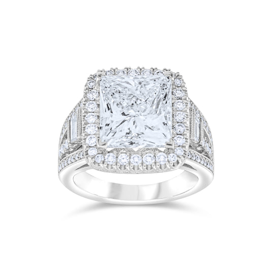 14K White Gold Diamond Halo Princess Cut Statement Ring ~ 7.50 Ct