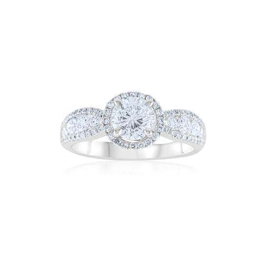 18K White Gold Round Diamond Halo Engagement Ring 1 ¾ Ct