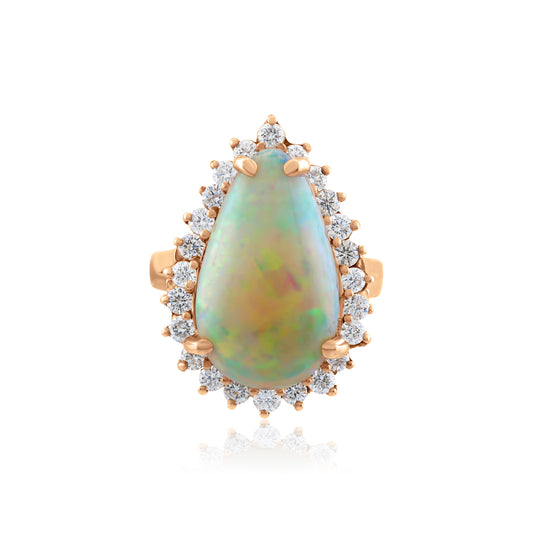 14K Rose Gold Diamond Halo Fiery Opal Statement Ring 6 1/3 Ct